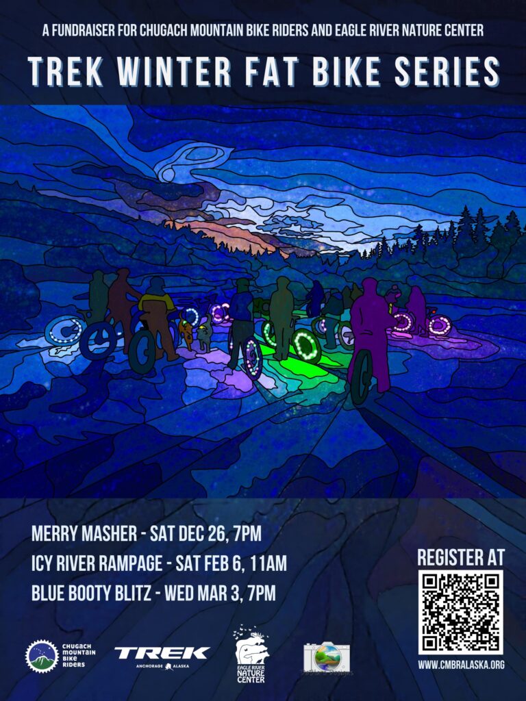 Trek Winter Fat Bike Series poster, a fundraiser for Chugach Mountain Bike Riders and Eagle River Nature Center. Merry Masher, Sat Dec 26, 7pm. Icy River Rampage, Sat Feb 6, 11am. Blue Booty Blitz, Wed Mar 3, 7pm. Register at cmbralaska.org.