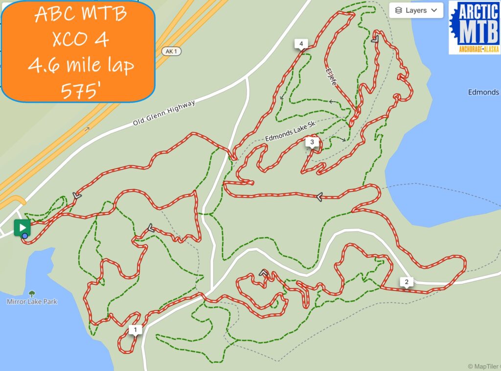 Course map of the 4.6-mile XCO 4 lap through Mirror Lake Park, marked 575 ft, starting by the lake